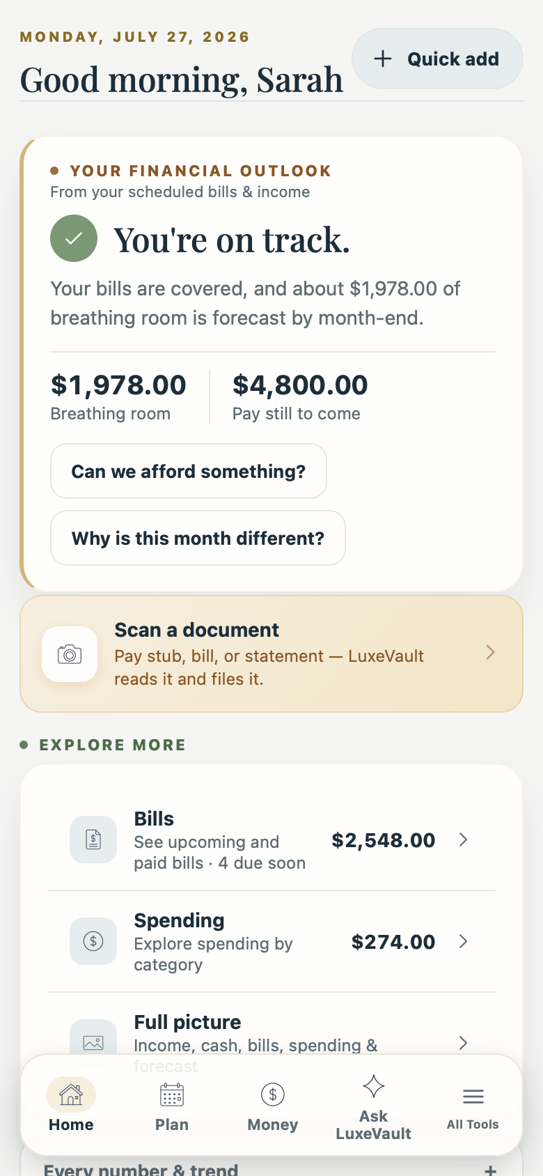 LuxeVault Money screen showing 'You're on track' with breathing room forecast