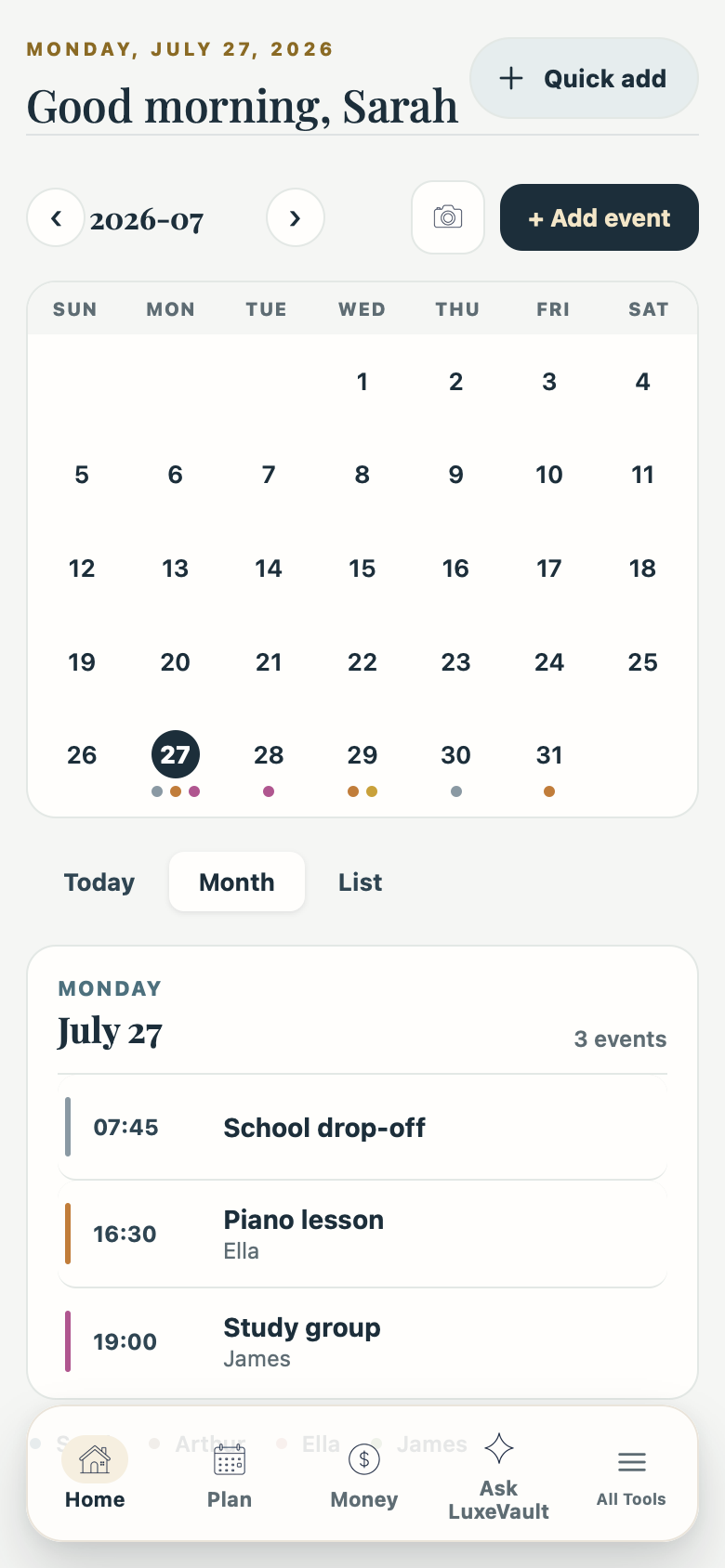 LuxeVault family calendar with color-coded members
